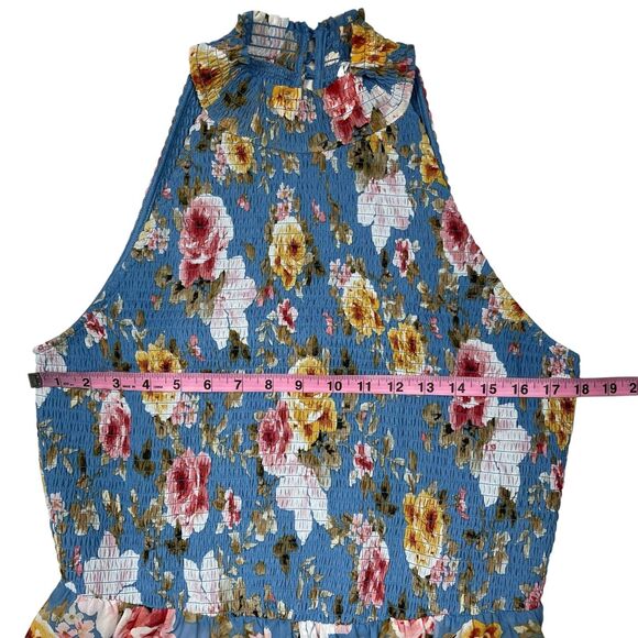 Venus Women's Maxi Cover Up Tunic Top XL Blue Floral Halter Smocked High Slit - Picture 8 of 11